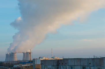 nuclear power station and smoke from the chimney