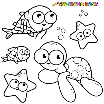 Sea animals swimming underwater. Vector black and white coloring page