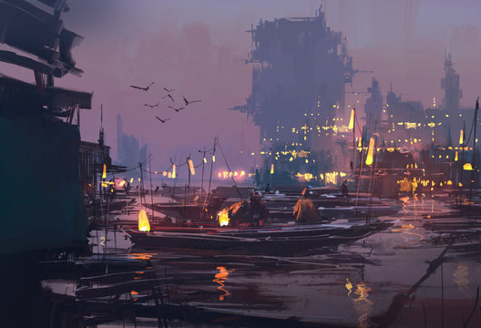 boats in harbor of futuristic city,evening scene,illustration painting