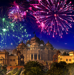 Festive firework over temple Akshardham, India. Delhi...