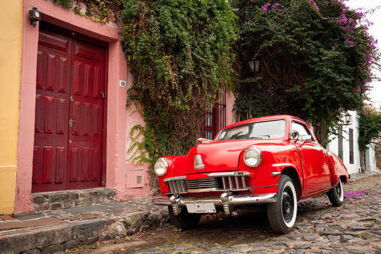Red car in Colonia del Sacramento, Uruguay