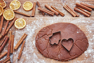 Baking Christmas gingerbread, cookies. Top view, toned