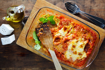 baked lasagna on a baking sheet