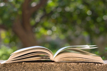 Open book outdoor. Selective focus. 