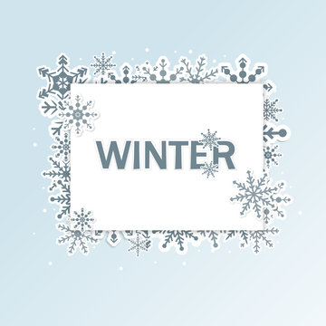 Winter light blue frame background with snowflakes