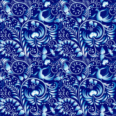Flower seamless pattern with elements of folk gzhel style or Chinese porcelain painting. Dark blue background.
