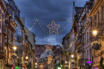 Night Decorated Street in Winter in Colmar