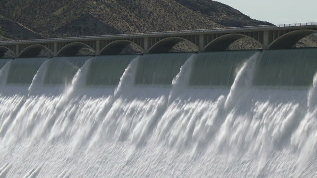 Close shot of the top portion of the spillway on the Grand Coulee hydroelectric dam in Washington, USA