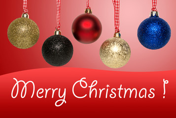 Greeting card with Christmas tree balls. Red background added in post processing