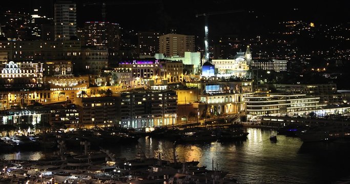Monaco Monte-Carlo And Harbor by Night. 4K Time Lapse