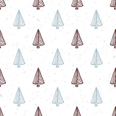 Seamless pattern with hand drawn christmas tree. Doodle holiday background