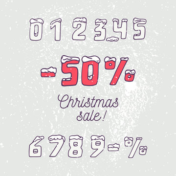 Christmas sale collection. Hand drawn numbers and snow in doodle style