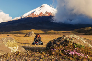 Young Woman Volcanologist In South America, Cotopaxi Volcano