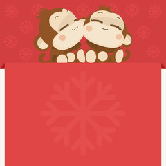 Cute monkey couple. Happy New Year 2016. Vector Illustration