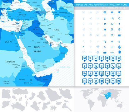 Middle East and Asia Map with Navigation Icons