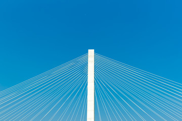 Structural detail against blue sky, Veterans Memorial stay bridge across the Mississippi River in St Louis.