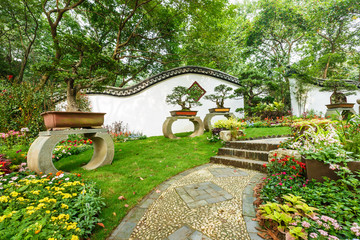 The beauty of the Chinese traditional gardens and green bonsai plants