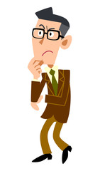 考える茶色のジャケット着用の男性