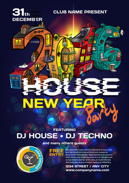 Vector new year house party invitation. Vector template.