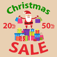 christmas sale. santa claus with shopping bags and purchase and gift boxes