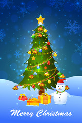 Snowman with decorated pine tree for Merry Christmas