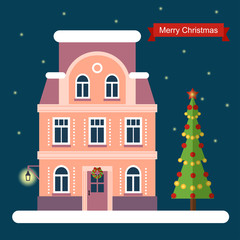 New Year and Christmas. House and christmas tree. vector flat illustration