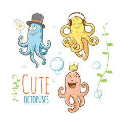Cute cartoon octopuses set. Vector image. Underwater life.