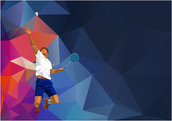 Polygonal professional badminton player on colorful low poly background doing smash shot with space for flyer, poster, web, leaflet, magazine. Vector illustration - obrazy, fototapety, plakaty
