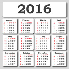 Calendar for 2016 on White Background. Week Starts Sunday. Simple Vector Template.