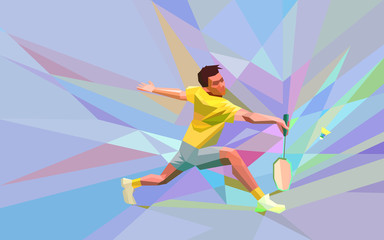 Fototapeta na wymiar Polygonal professional badminton player on colorful low poly background doing smash shot with space for flyer, poster, web, leaflet, magazine. Vector illustration
