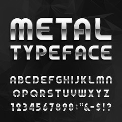 Metal Alphabet Vector Font. Type letters, numbers and symbols. Chrome effect letters on the abstract background. Vector typeface for headlines, posters etc.