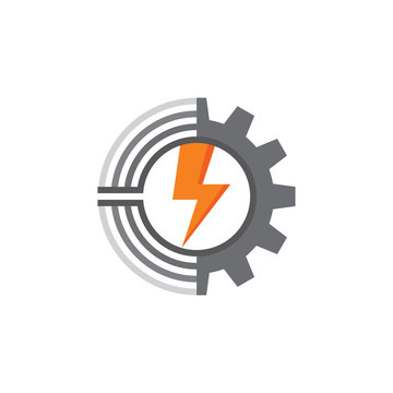 Gear, lines and lightning - vector logo concept illustration. Gear logo. Factory logo. Technology logo. Mechanical logo. Vector logo template. Design element.