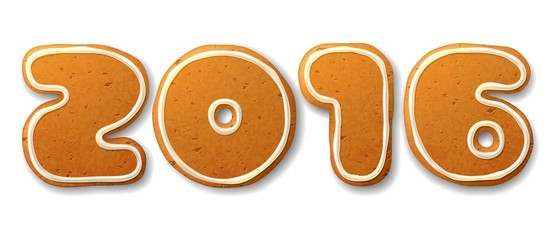 New Year, vector inscription 2016 in shape of Christmas gingerbreads, decorated white icing,  isolated on white