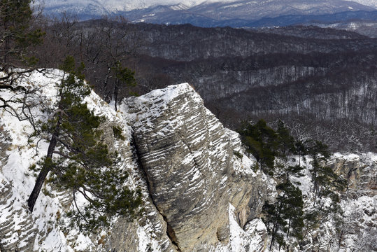 Eagle rock or the rock of Prometheus in the snow, Sochi, Russia