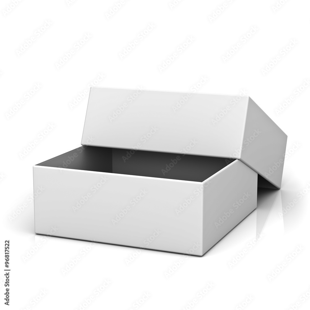 Poster Blank open box with lid on white background with reflection