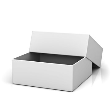Blank open box with lid on white background with reflection
