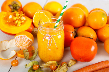Orange smoothie with pumpkin, persimmon and carrot