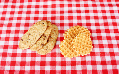 Biscuits on checkered cloth