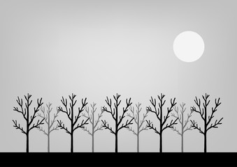 Forest at night, trees silhouettes and moon, vector illustration