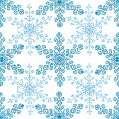 Festive seamless pattern with blue colored snowflakes on white background