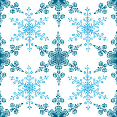 Festive seamless pattern with blue colored snowflakes on white background