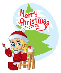 Simpática niña vestida con ropa navideña, ella ha pintado 