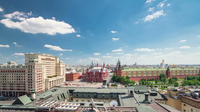 Panorama to Manezh Square, Hotel Moscow, historical Museum and Kremlin timelapse in Moscow, Russia