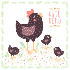 Cute black hen with baby chickens vector background and card