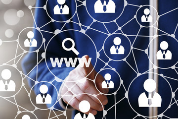 Businessman touch button search loupe www web icon