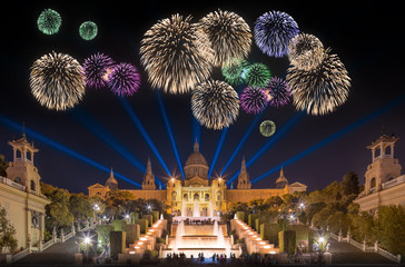 Beautiful fireworks under Magic Fountain in Barcelona