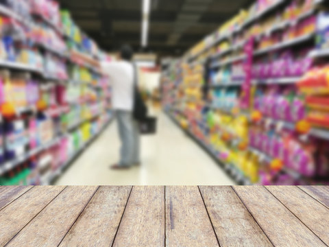 Wood floor and Supermarket blur background