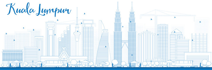 Fototapeta premium Zarysuj panoramę Kuala Lumpur z niebieskimi budynkami. Niektóre elementy mają inny tryb przezroczystości niż normalny