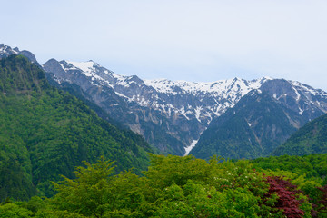 Fototapeta na wymiar Nabehira Highlands and the Hotaka Mountains in Shin-hotaka, Gifu, Japan