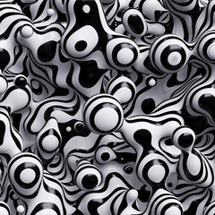 3d abstract wavy bubbles background, zebra balls, black white stripes